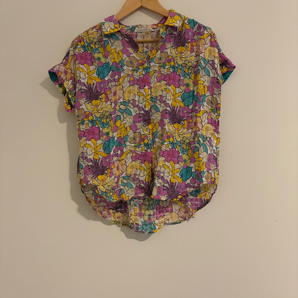 Jane + Delancey Womens Floral Button Down Shirt Short Sleeve Rayon Multicolor M